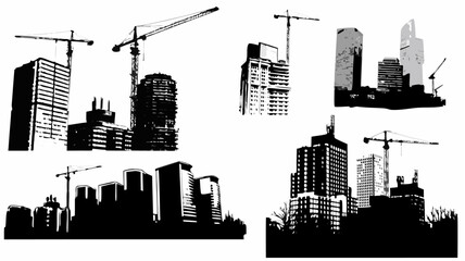 Obraz premium Illustration of multiple city skylines with various buildings and construction cranes in black and white style silhouette