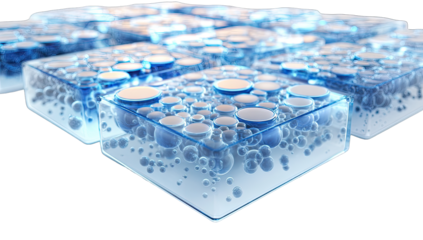 Transparent blue cubes filled with bubbles