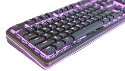 Close-up of a computer keyboard with vibrant purple lighting