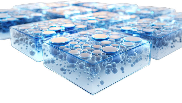 Transparent blue cubes filled with bubbles