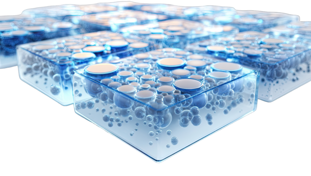Transparent blue cubes filled with bubbles