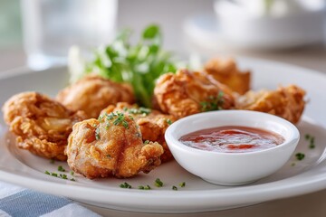 Delicious Rocky Mountain oysters served with tangy dipping sauce on a plate with garnish
