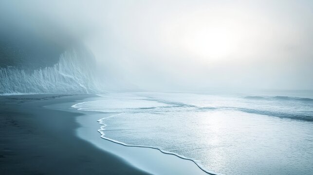 A serene beach scene shrouded in fog, featuring gentle waves lapping against dark sand and a misty cliff in the background.