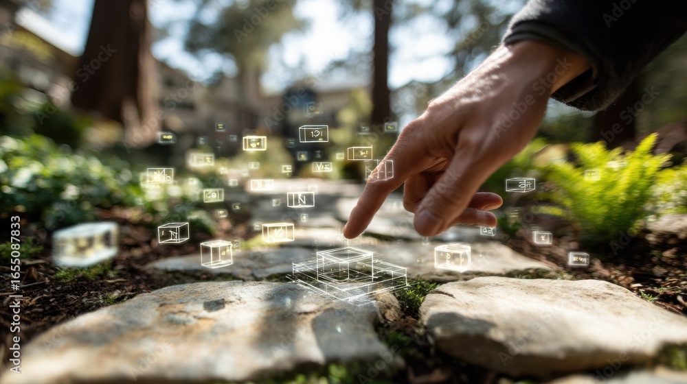 Poster medium shot capturing a hand pointing at floating ar math figures on a stone path sharp detail on th