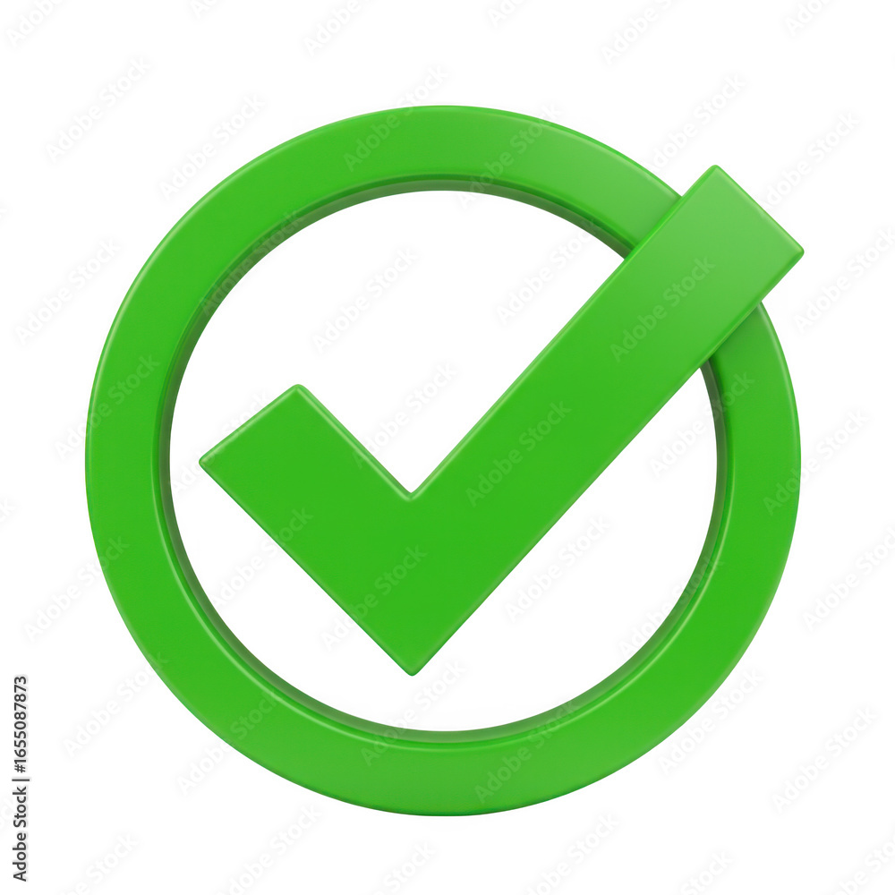 Poster 3d green check mark in circle isolated on transparent background