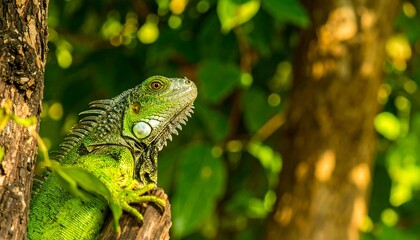Green iguana perched on a tree branch
