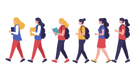 Obraz premium Six cartoon students with backpacks walk in a line