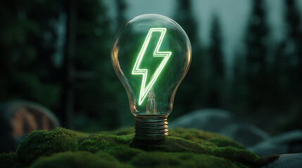 A glowing light bulb with energy symbol icon and lightning bolt inside with green forest on background. Green energy and sustainable power source, Eco friendly initiatives concept