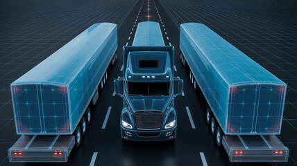 Futuristic hologram-style visualization of autonomous semi-trucks driving in formation on a smart digital highway, representing innovation in AI logistics, transportation, and supply chain automation.