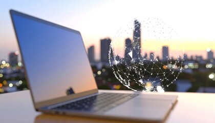 Laptop on desk with global network graphic