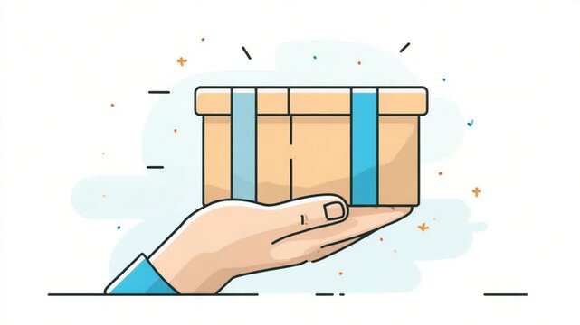 A hand holds a light beige gift box with light blue ribbon