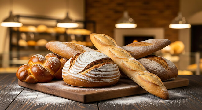 Artisan bread on rustic wooden board, flour dusted around, warm bakery commercial aesthetic