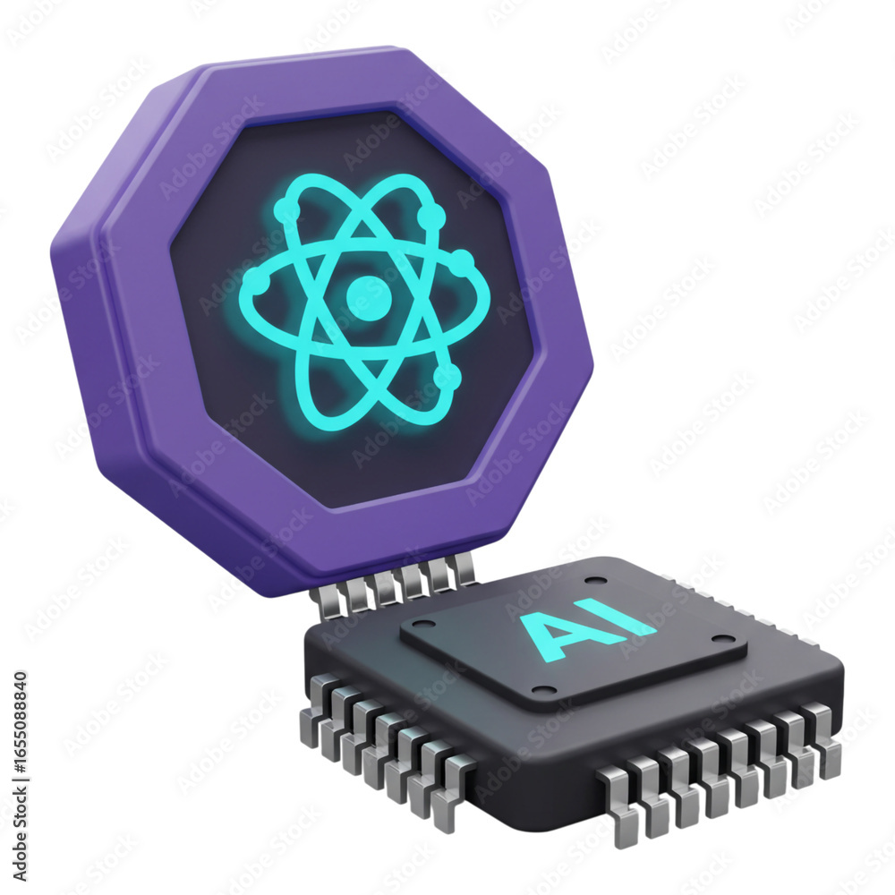 Aufkleber 3d rendering of a futuristic ai chip with a neon atom symbol isolated on transparent background