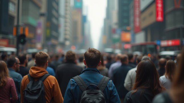 A dense crowd of people moving together in an urban setting. Faces blend into the background, symbolizing society, diversity, and human connection. A representation of modern life and busy city