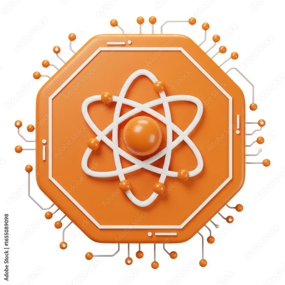 Aufkleber orange octagonal emblem with atomic symbol and circuitry isolated on transparent background