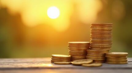 A stack of coins is shown in the foreground with the sun in the background. The coins are piled up in a way that suggests they are growing in value. Concept of wealth and prosperity