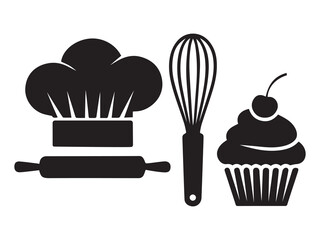 Chef hat rolling pin whisk and cupcake with cherry vector