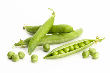 Group of Fresh ripe green pea pod with seeds isolated on white background