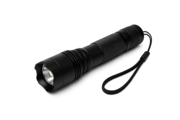 Black metal flashlight with strap isolated on black background