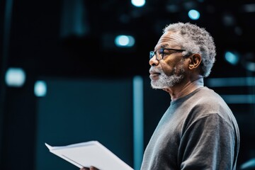 Elderly Black male prompter supporting talented theater production with skill and experience