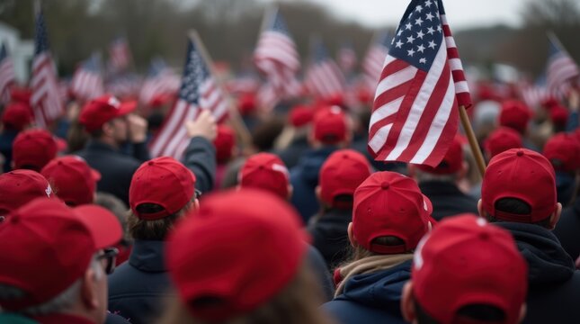 Crowds gather in a sea of red hats while waving American flags while watching a right wing candidate speak at a republican campaign rally