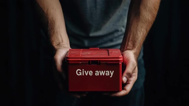Hands holding red donation box with 'give away' label in dark setting