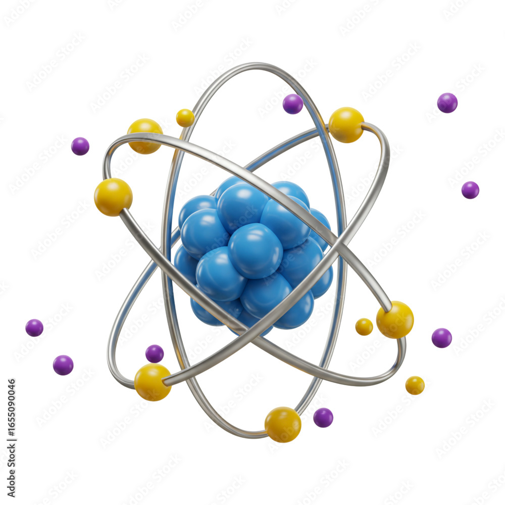 Poster 3d atomic model with nucleus and orbiting electrons isolated on transparent background