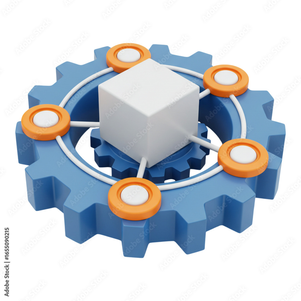 Poster abstract 3d cube connected to gears and circles isolated on transparent background