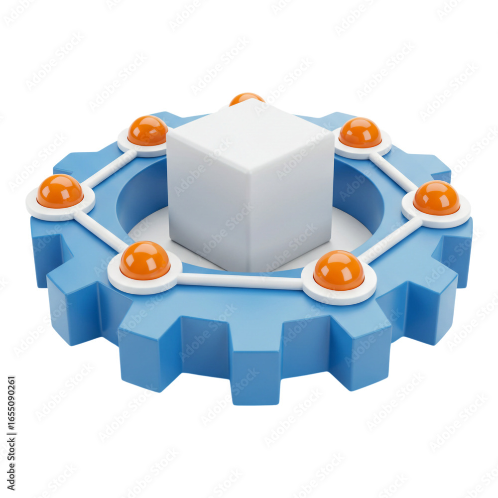 Poster abstract futuristic gear mechanism with central cube isolated on transparent background