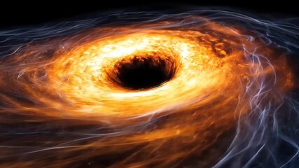A black hole is visualized with a bright orange accretion disk against a dark space background - Powered by Adobe