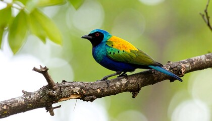 Obraz premium A vibrant, colorful bird perches serenely on a weathered tree branch, showcasing stunning plumage in shades of blue, green, and gold.