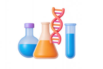Laboratory flasks and DNA model isolated on black background