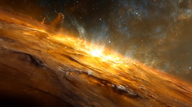 A bright golden explosion erupts from a planets surface against a backdrop of stars and nebulae