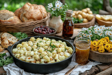 Bowl of potato salad garnished with bread and herbs.