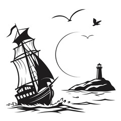 Ship sailing at sunset silhouette