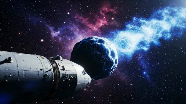 A futuristic spaceship successfully captures a large asteroid in deep space a concept representing future asteroid mining or planetary defense.