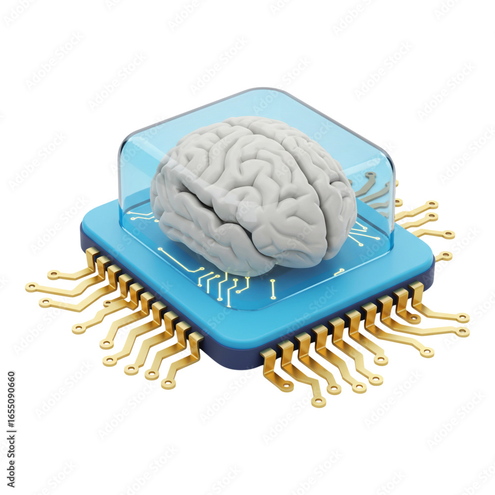 Poster artificial intelligence brain on computer chip isolated on transparent background