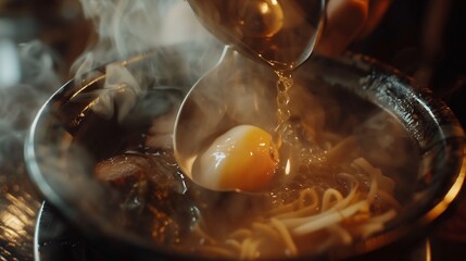 Ramen Kit fresh noodles, chashu pork, soft boiled egg, nori, broth concentrate, moody Japanese izakaya lighting, close up view