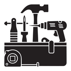 Black silhouette of a toolbox filled with various tools including a hammer a drill a measuring tape and nails