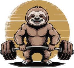 Muscular cartoon sloth lifting heavy barbell with weights on a yellow background weightlifting strong