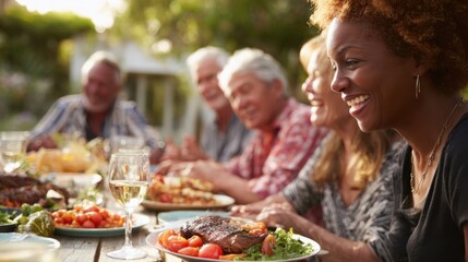 Happy senior friends enjoying a delightful meal together at an outdoor garden restaurant, sharing laughter, creating cherished memories, and celebrating the joys of friendship