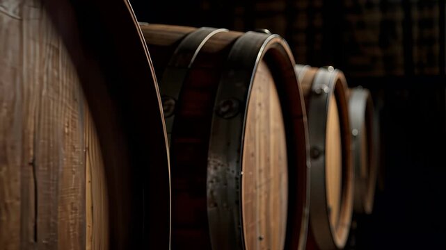A cinematic dolly shot past old wooden oak barrels aging wine or whiskey in a dark, traditional cellar, a concept representing distillery craftsmanship and luxury beverage production