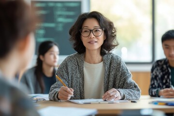Middle-aged female philologist interacts with diverse students in modern classroom setting