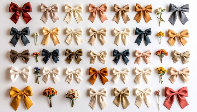 Grid of 35 colorful bows arranged in five rows and seven columns on a white background,