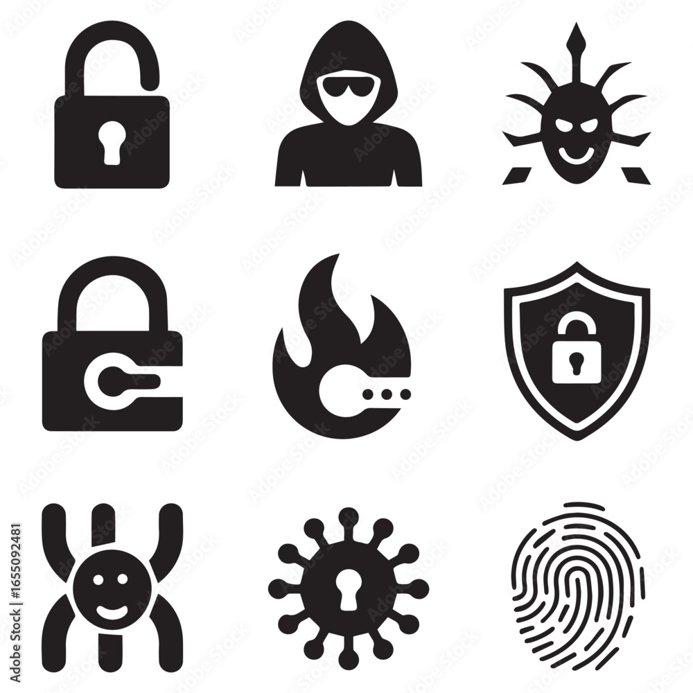 Poster cybersecurity icons depicting locks shield hacker virus fingerprint fire vector