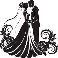 Elegant Wedding Silhouette of Bride and Groom Facing Each Other with Flowers on the Bride's Dress Black and White