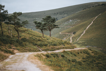 Scenic view of Camino de Santiago or Camino Primitivo route in Asturias with winding dirt trail...