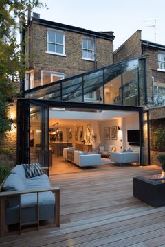 Modern extension to house, glass and steel, open plan living