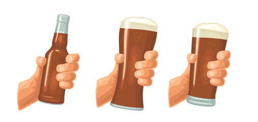 Man hand holding and clinking glass and bottle with dark beer. Vector color flat illustration for web icon, poster, invitation to party. Isolated on white background.
