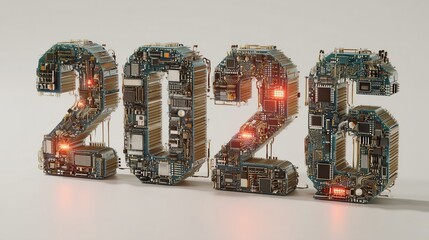 3d vizualization of "2026" letters made from ai techno circuit boards